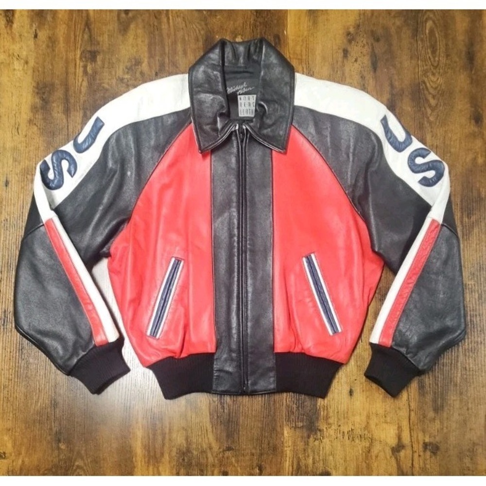 Vintage Michael Hoban North Beach Leather Jacket USA Flag Bomber 7/8 80s 90s